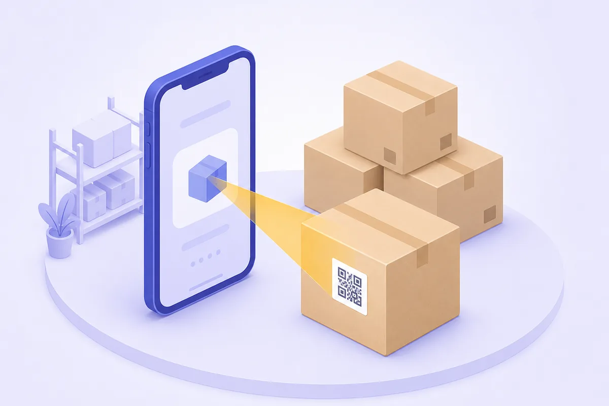Смартфон сканирует QR-код на коробке, позади стопка коробок и стеллаж: работа с кодами маркировки без учётной системы