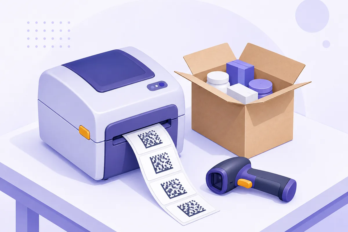 Оклейка партии: термопринтер печатает ленту этикеток с кодами Data Matrix, рядом открытая коробка с товаром и ручной сканер штрихкодов