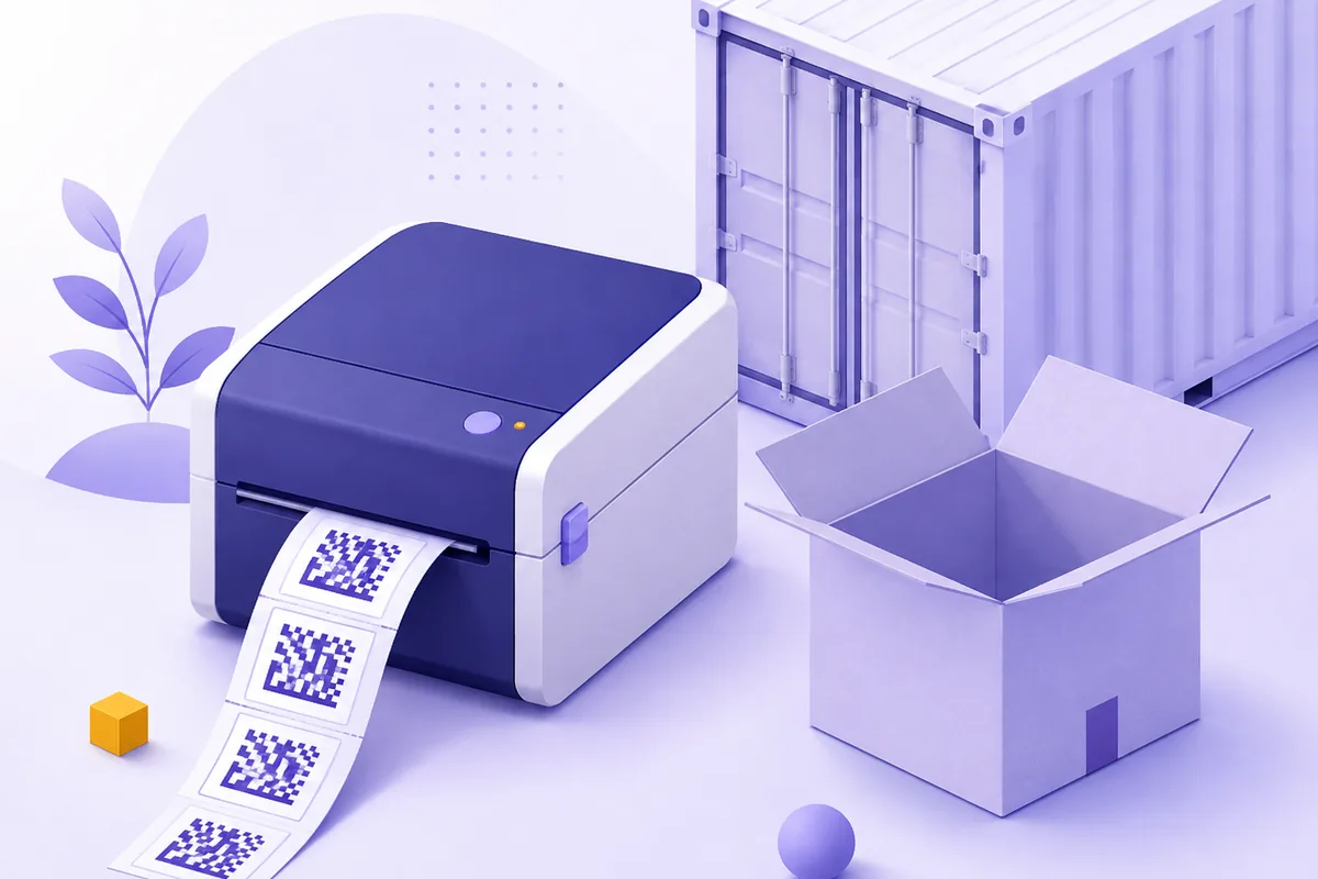 Принтер печатает ленту этикеток с кодами Data Matrix рядом с открытой коробкой на фоне грузового контейнера