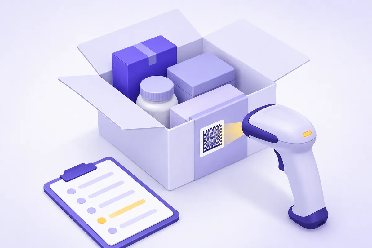 Проверка партии перед отгрузкой: коробка с товаром, на упаковке этикетка Data Matrix, её считывает ручной сканер, рядом планшет со списком позиций